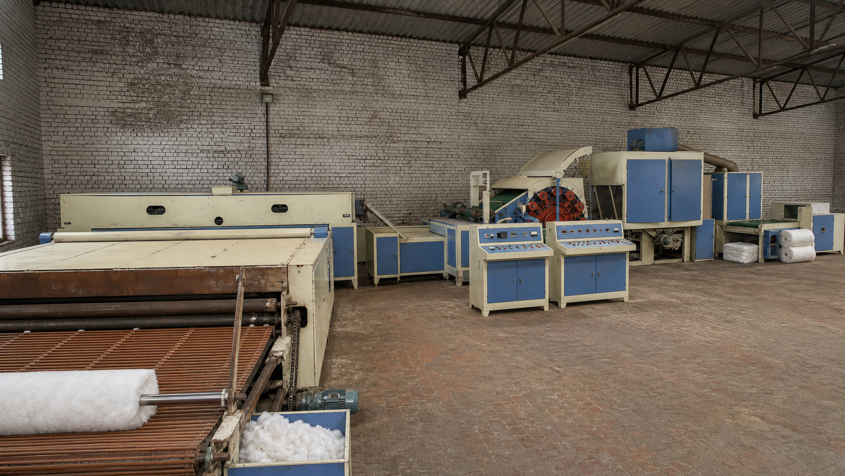 Fabric processing equipment with rollers, controls and fibre material