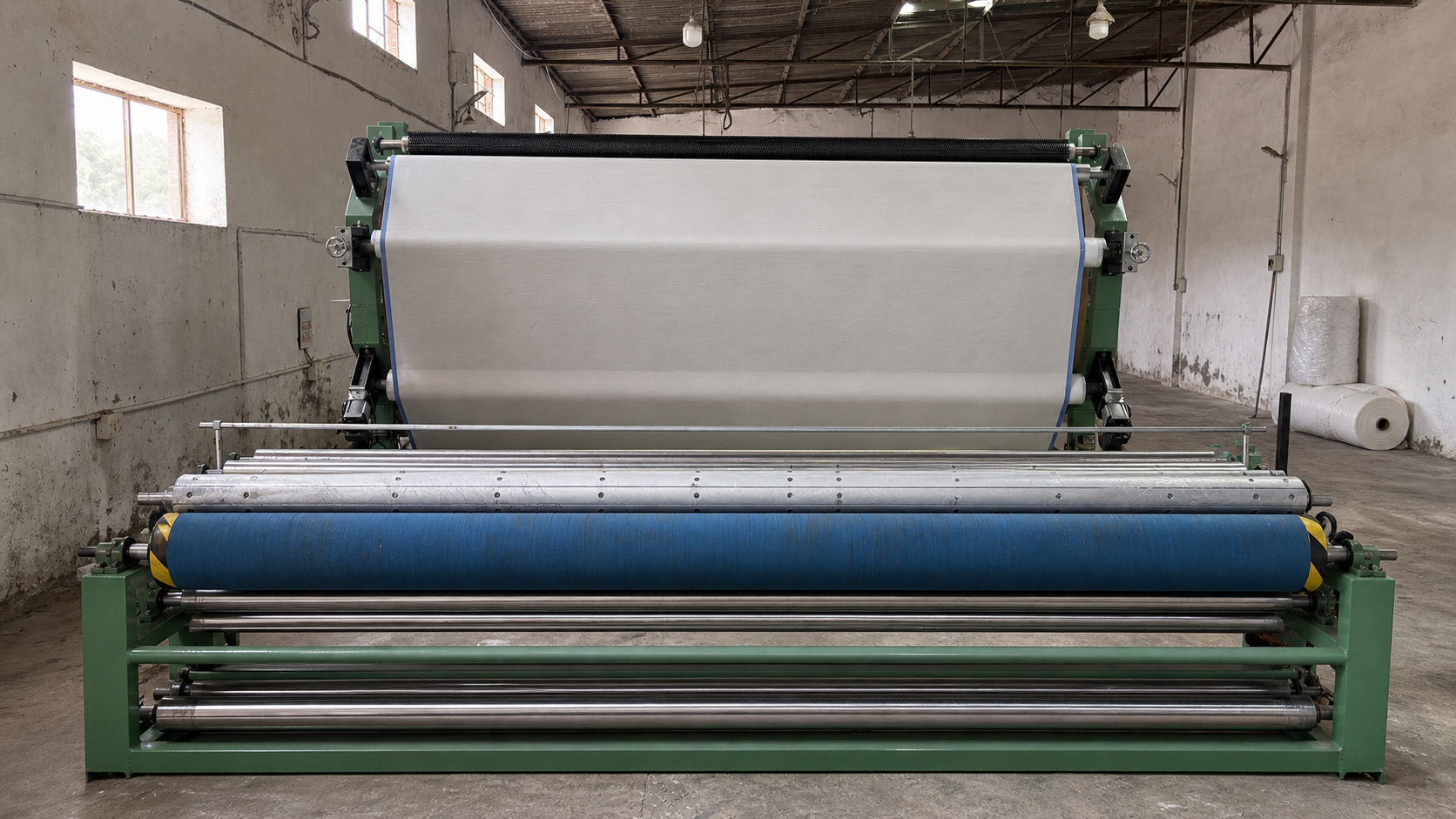 Fabric to fabric lamination machine with material running through its rollers