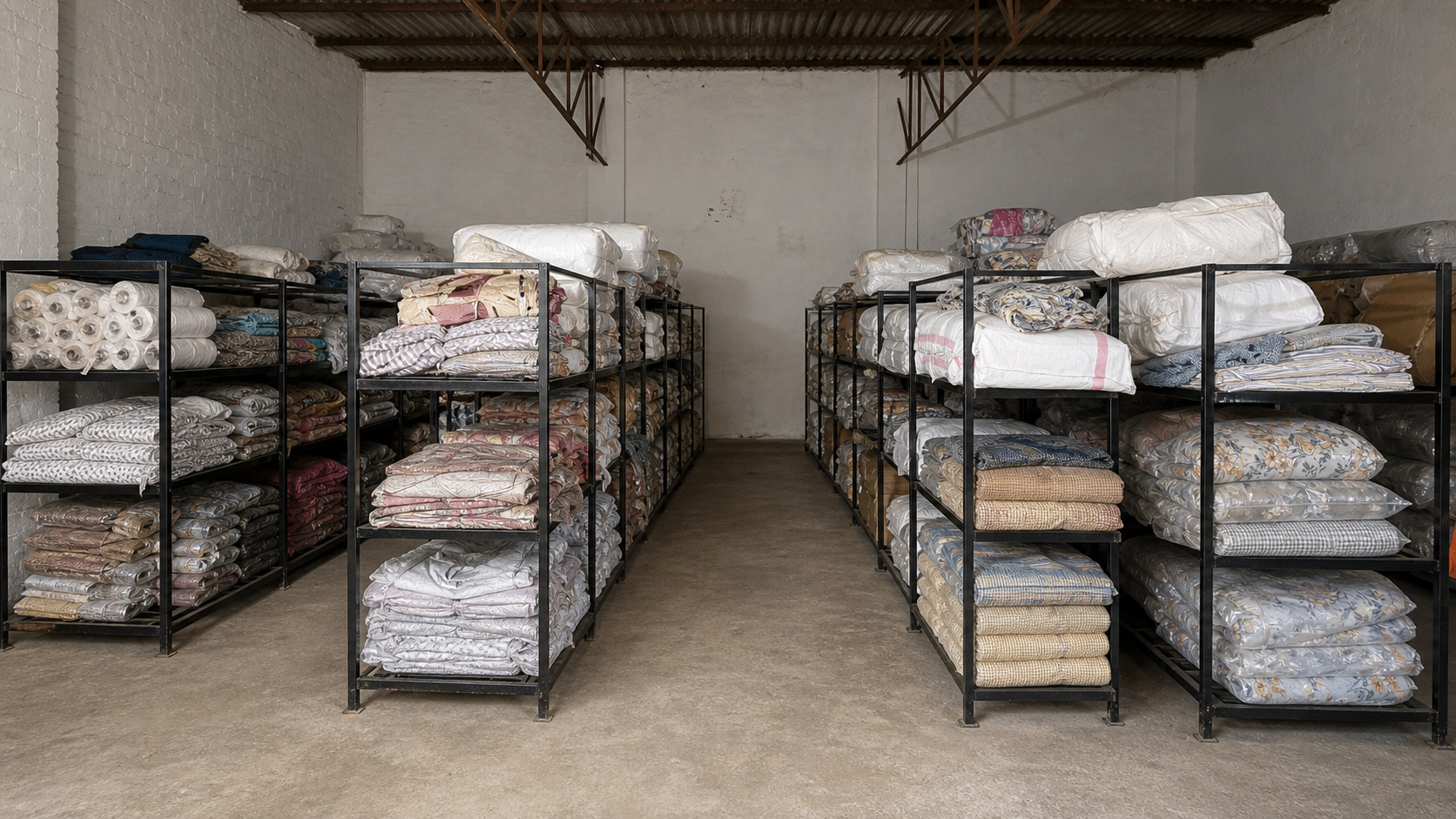 Storage racks holding folded and packaged printed bedding and textile rolls