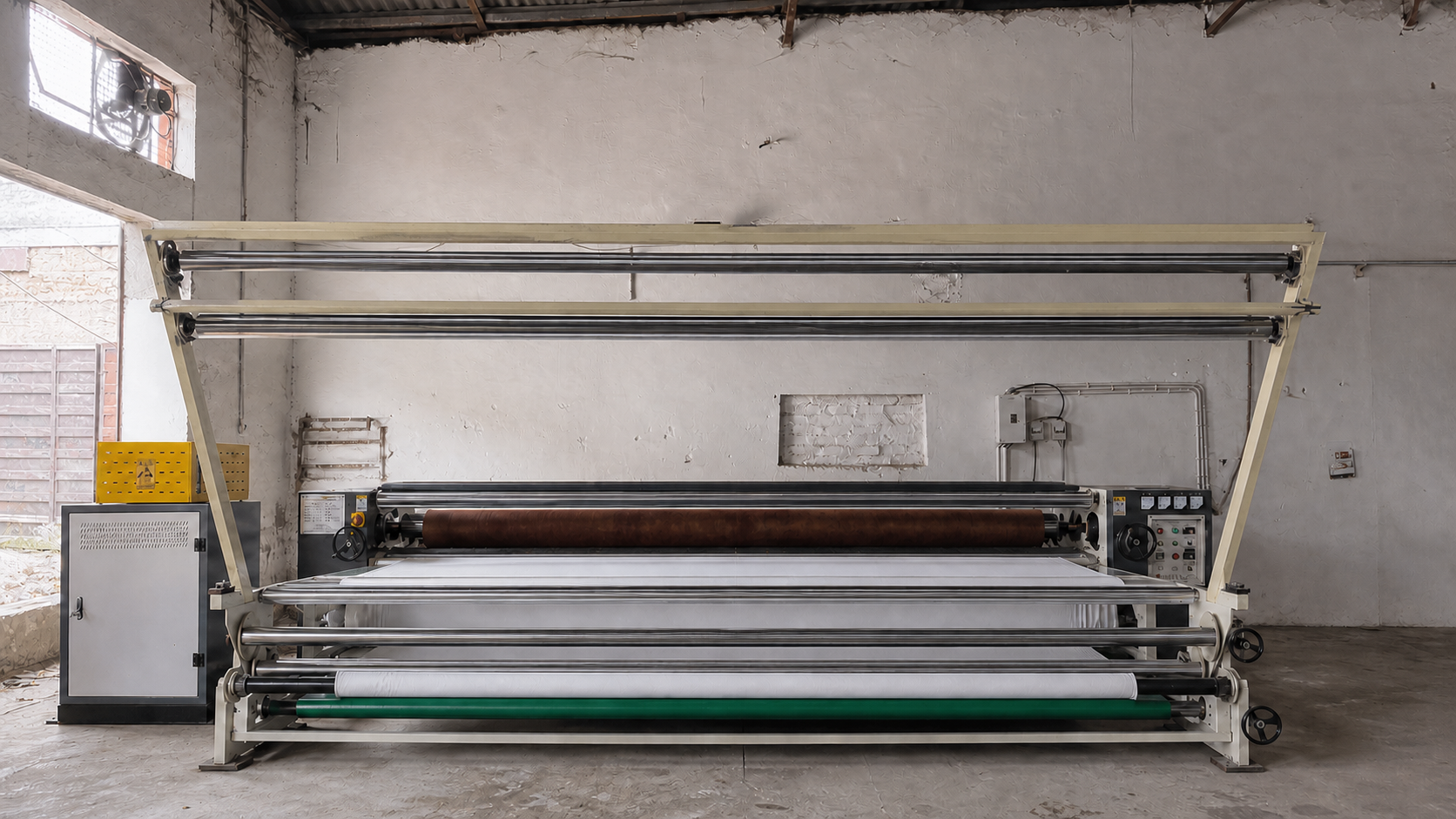 Heat set machine with white material running through its rollers