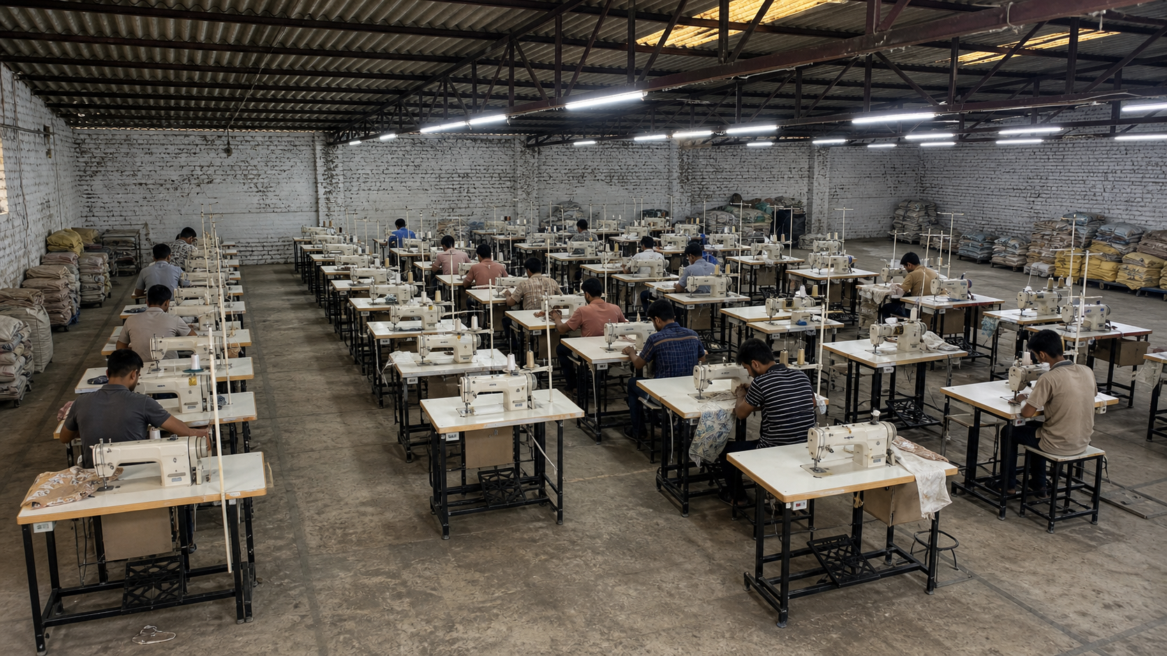 People working at rows of sewing machines on the PN Fabrics stitching floor